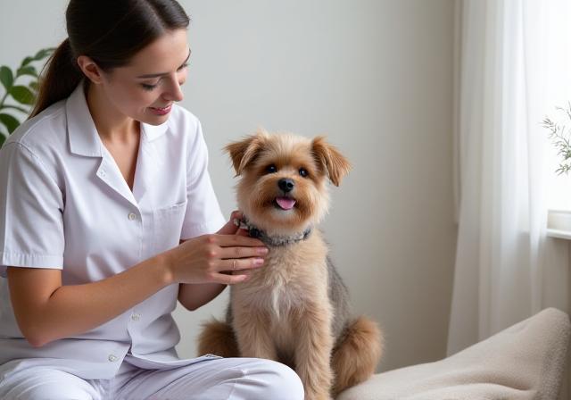 A peaceful consultation session with a dog and its owner in a bright room